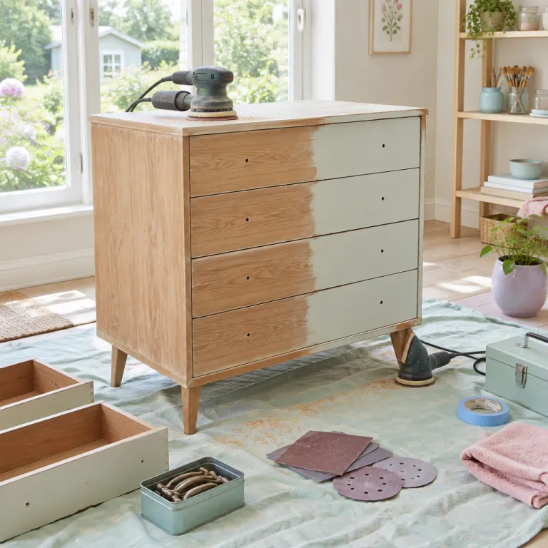 Restaurer une commode chinée : ponceuse excentrique 125mm vs ponceuse triangulaire, le verdict pour les angles