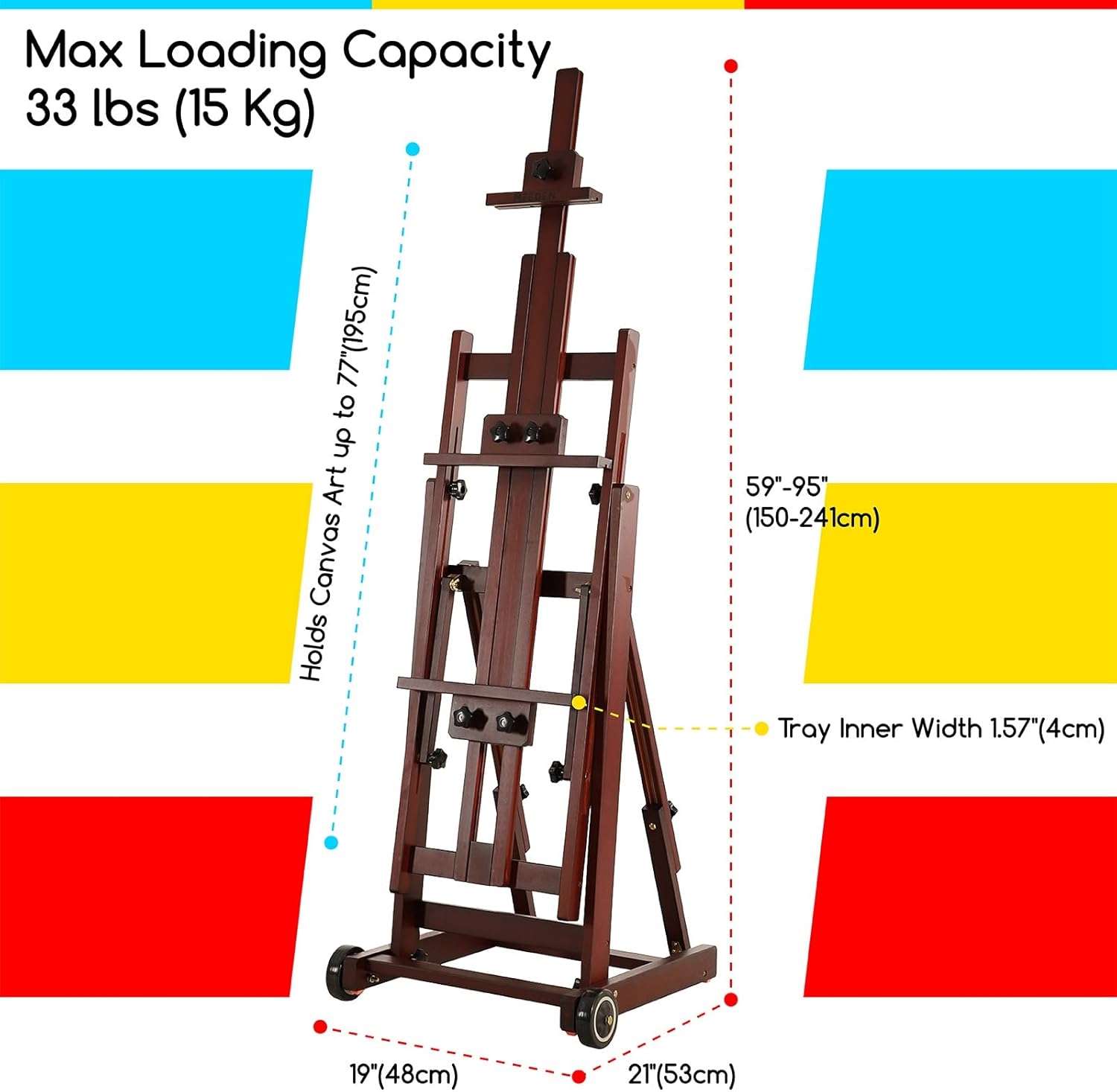 Multifonction Studio Chevalet: H-Frame Chevalet de Peinture pour Adultes, en Bois de Hêtre Massif avec Roues Avant, Peut Contenir des Toiles Jusqu'à 196cm