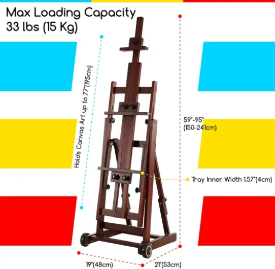 Multifonction Studio Chevalet: H-Frame Chevalet de Peinture pour Adultes, en Bois de Hêtre Massif avec Roues Avant, Peut Contenir des Toiles Jusqu'à 196cm