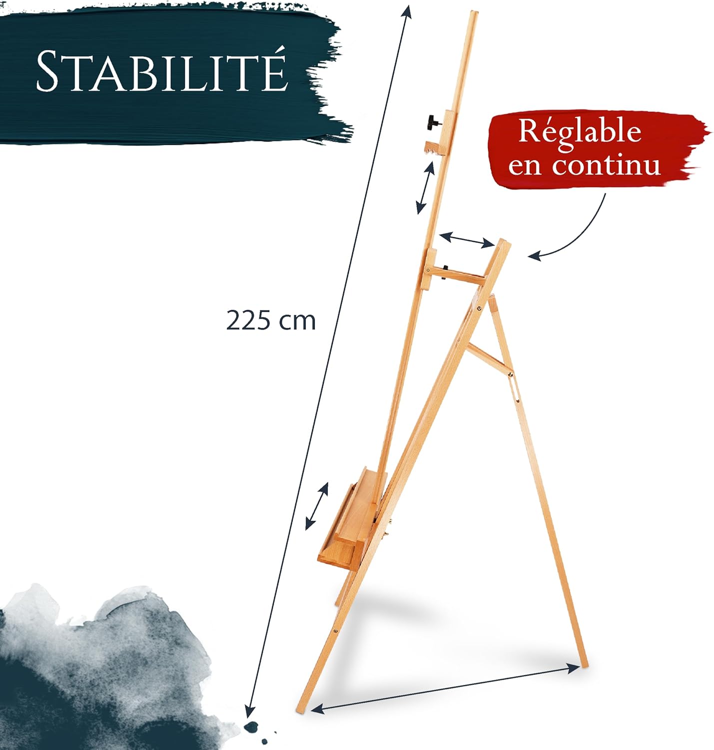 Grand Chevalet d'Atelier 66x225 cm Barcelona – Chevalet Tripode en Bois de Hêtre Réglable avec Support de Peinture – FSC® Bois Pliable pour Toiles jusqu'à 120cm