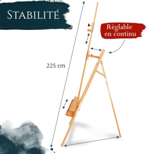 Grand Chevalet d'Atelier 66x225 cm Barcelona – Chevalet Tripode en Bois de Hêtre Réglable avec Support de Peinture – FSC® Bois Pliable pour Toiles jusqu'à 120cm