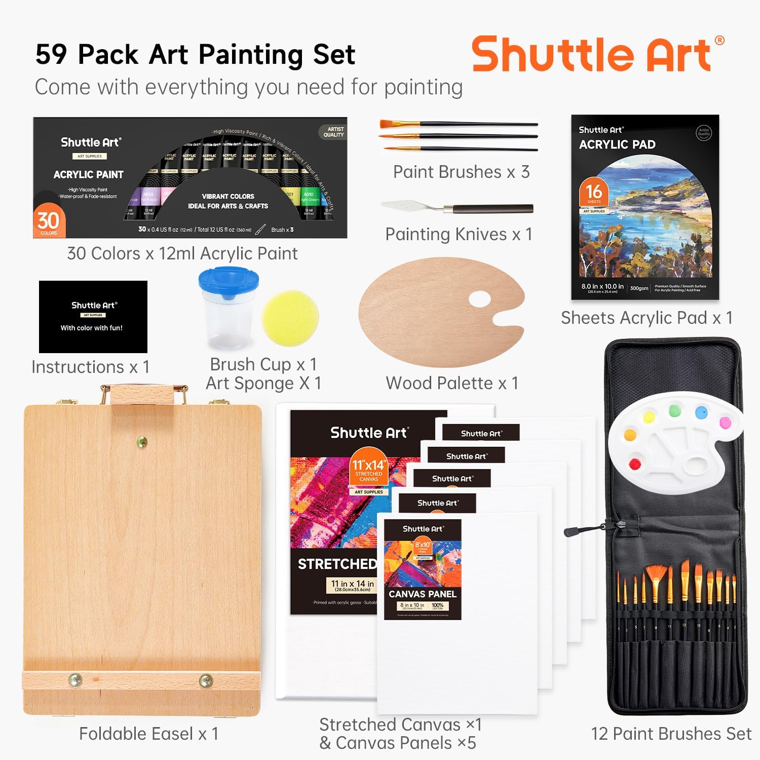 Coffret Peinture Acrylique, 59 Pièces avec Chevalet, 30 Couleurs Acrylique, Toile, Pinceaux, Palette, Kit Peinture Complet pour Enfants, Adultes, Artistes