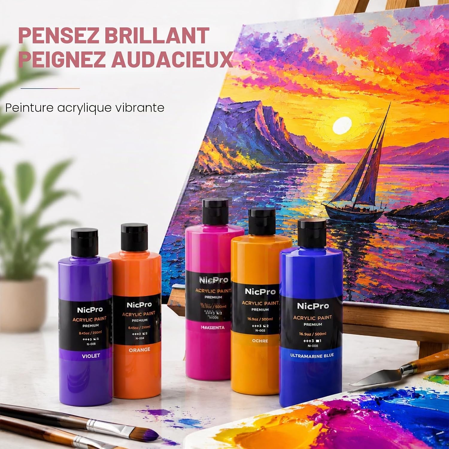Nicpro lot peinture acrylique 14 x 500 ml, peinture acrylique gros tube en 14 couleurs, couleurs de peinture riches, acrylique non toxique pour de nombreuses surfaces, pour adultes Débutant 14 Couleurs 500 ml (Lot de 14)