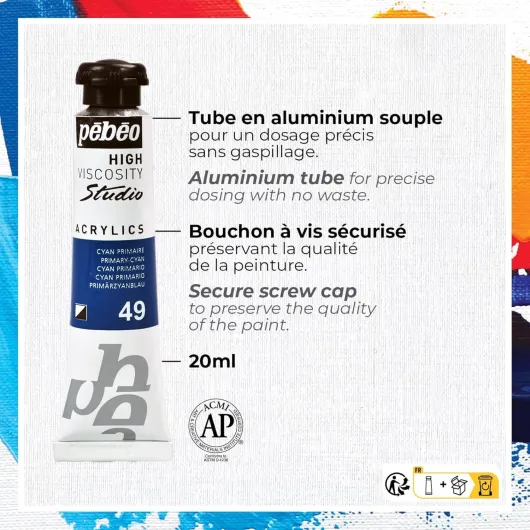 Pébéo - Studio Acrylics - Set 48 Tubes 20 Ml Couleurs Assorties + Accessoires - Kit de Peinture Acrylique pour Artiste et Débutant - Pinceaux + Spatule - Couleurs Lumineuses 20 ml (Lot de 48)