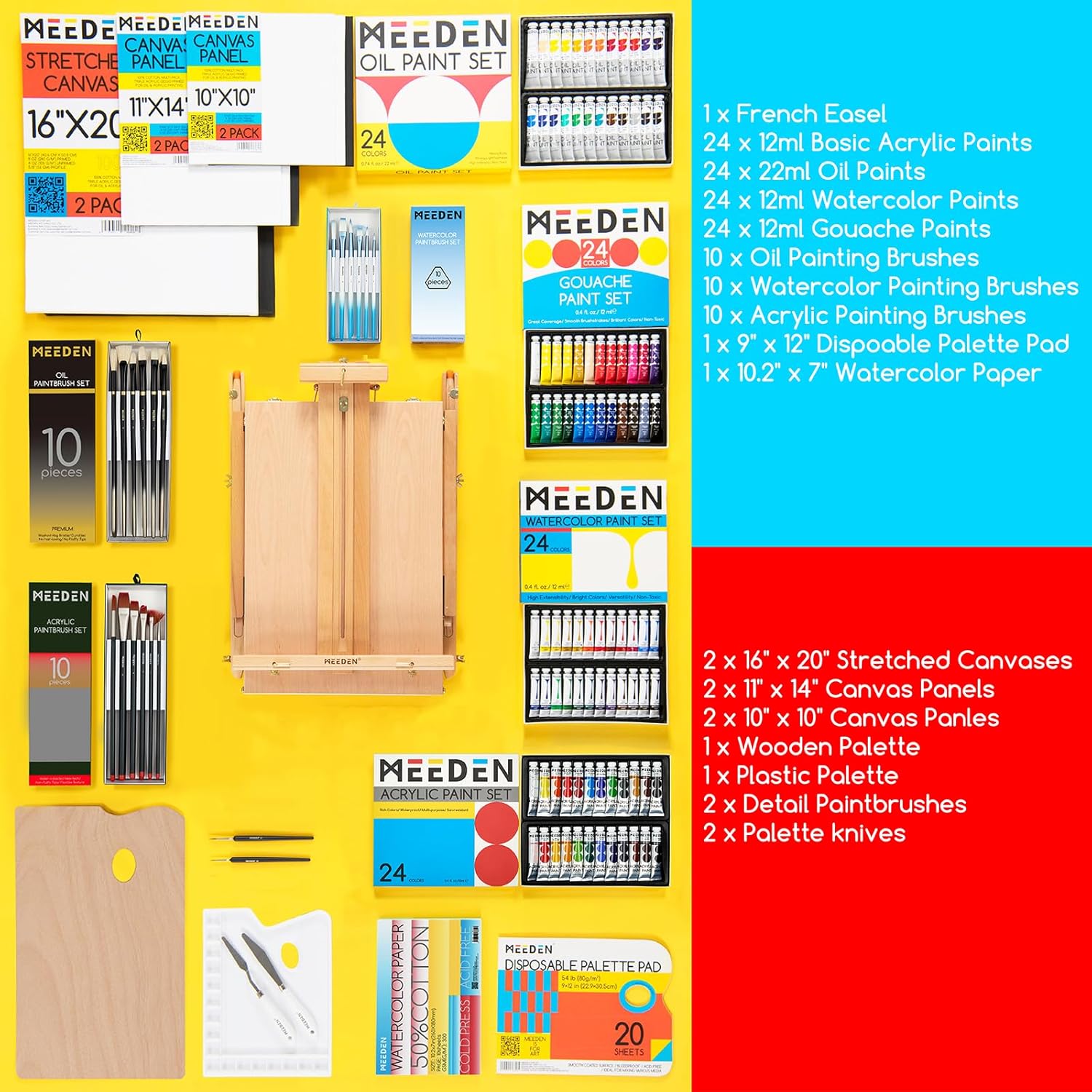 MEEDEN141pcs ensemble de peinture, français chevalet tout en un ensemble de peinture, acrylique huile aquarelle gouache peinture set et pinceaux, fournitures de peinture d'art pour adultes 149pcs