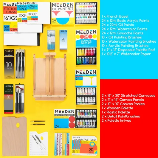 MEEDEN141pcs ensemble de peinture, français chevalet tout en un ensemble de peinture, acrylique huile aquarelle gouache peinture set et pinceaux, fournitures de peinture d'art pour adultes 149pcs