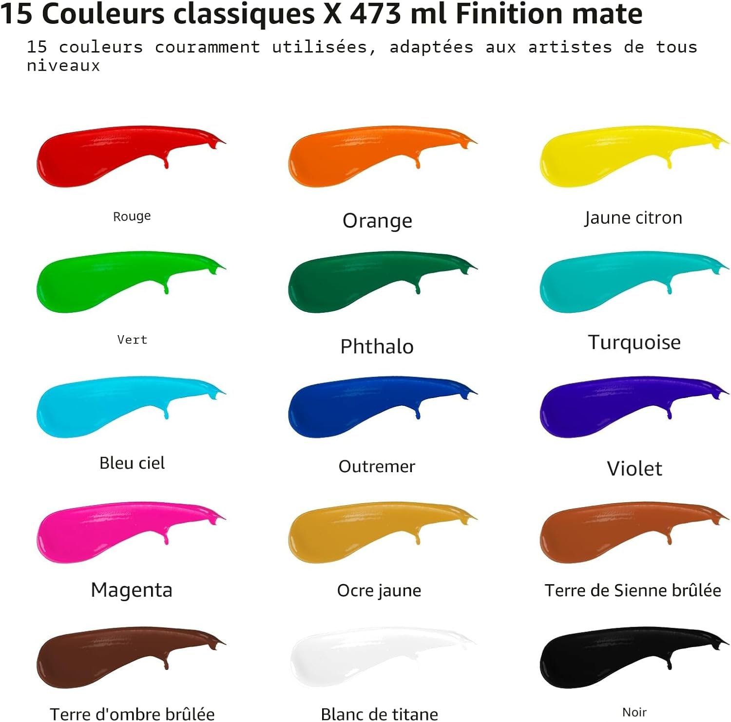 ABEIER Grand ensemble de peinture acrylique, 15 couleurs x 473 ml, finition mate, pigments riches, non toxiques, pour sur toile, artisanat, bois, céramique, idéal pour les débutants et les étudiants