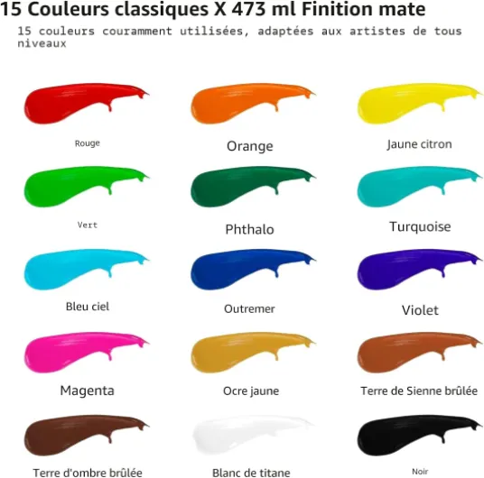 ABEIER Grand ensemble de peinture acrylique, 15 couleurs x 473 ml, finition mate, pigments riches, non toxiques, pour sur toile, artisanat, bois, céramique, idéal pour les débutants et les étudiants