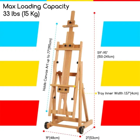 Chevalet de studio polyvalent en H – Chevalet réglable en bois de hêtre, support mobile et inclinable pour peinture, peut contenir des toiles jusqu'à H-frame easels
