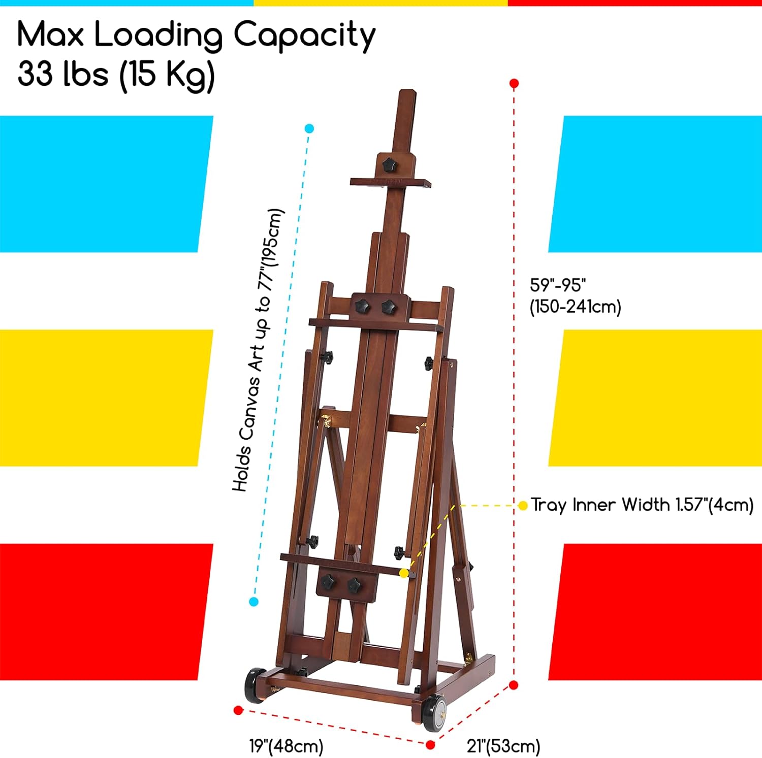 Chevalet de studio en H – Bois de hêtre réglable – Support mobile et inclinable à plat – Peut contenir des toiles jusqu'à 195,6 cm Clair,Noix