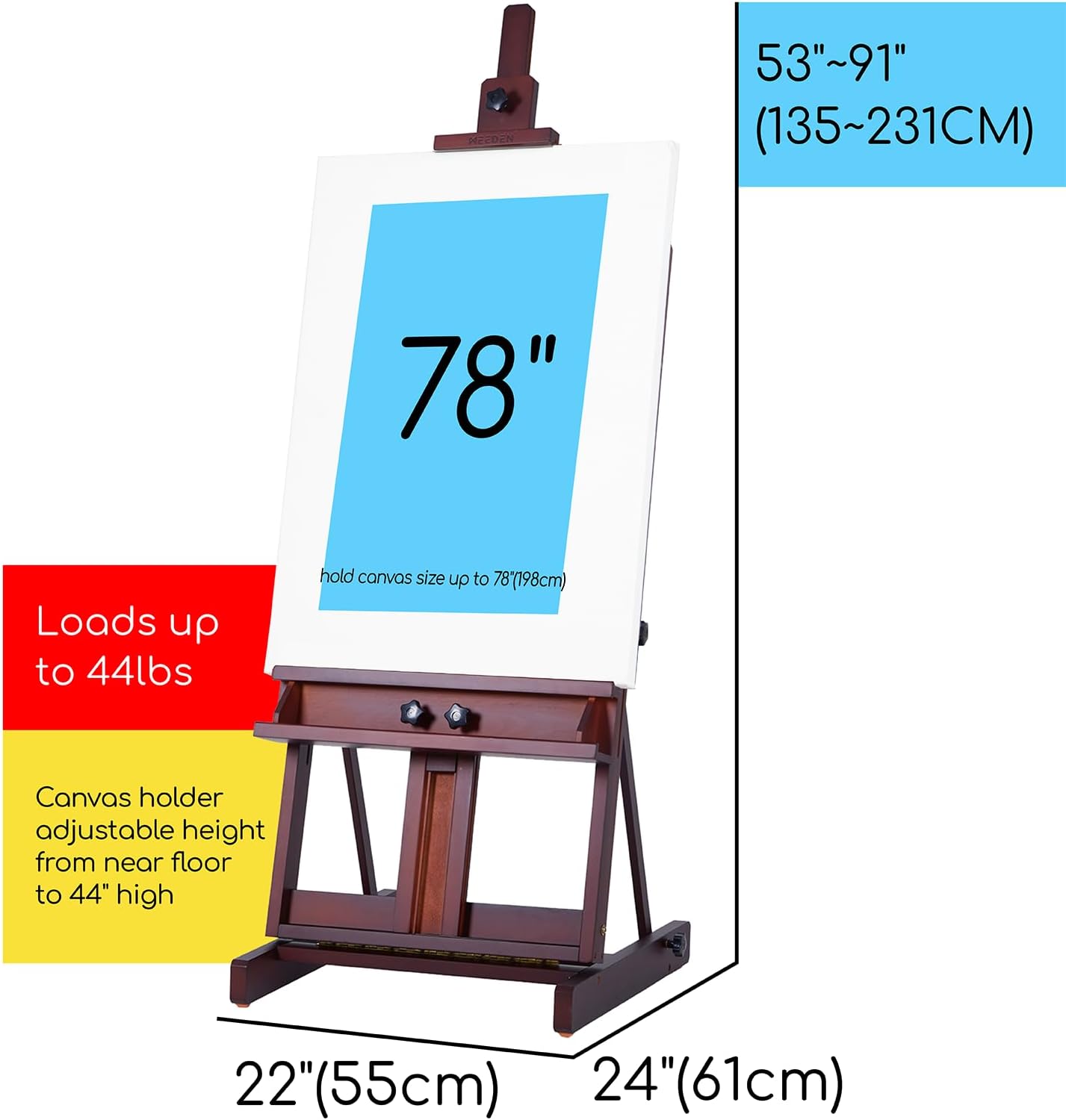 Chevalet de studio en bois de hêtre avec cadre de H, très résistant, chevalet de sol réglable, pour acrylique, peinture à l'huile, peut contenir une toile jusqu'à 195,6 cm Deep Walnut