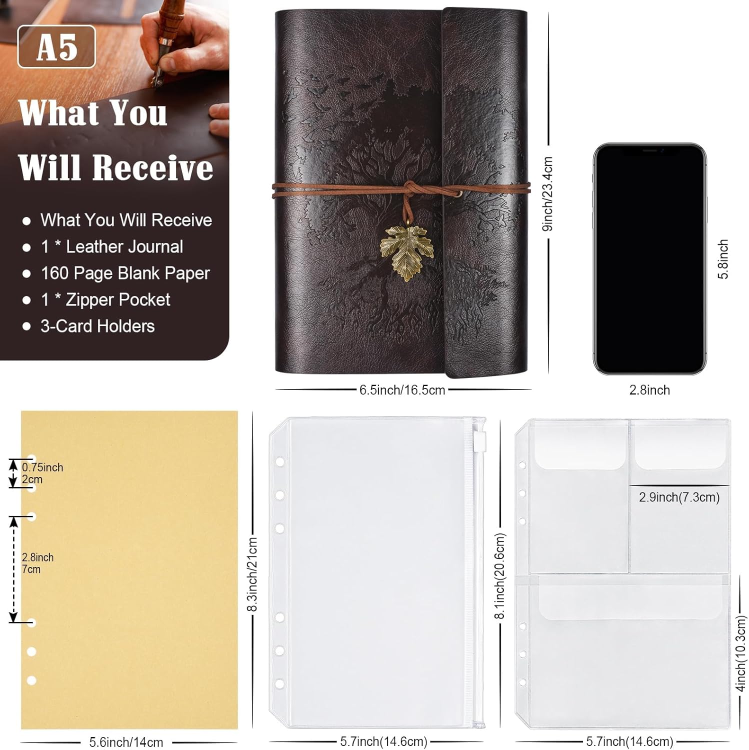 OMEYA Carnet De Notes Vintage En Cuir Avec Pages Vierges, Carnet Rechargeable,Carnet De Voyage Agenda Pour Femmes Filles Cadeaux-A5 23,9 x 16,5 cm (Marron Foncé) Marron foncé A5