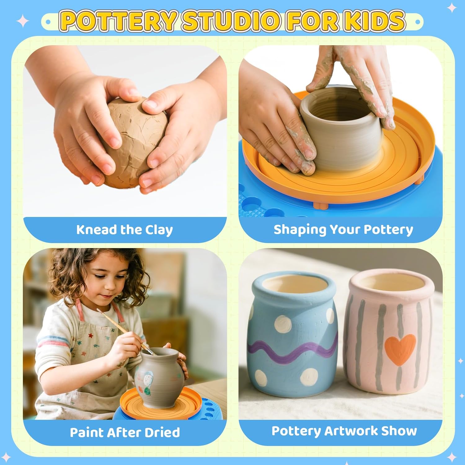Tour de Potier pour Enfants 6-12 Ans – Kit Complet DIY Débutants avec 3 Pâtes Auto-Durcissantes, Outils, Fournitures d’Art et Loisirs Créatifs, Cadeau Anniversaire Garçons Filles 6+ Ans Bleu (Bleu)