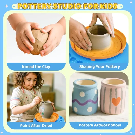 Tour de Potier pour Enfants 6-12 Ans – Kit Complet DIY Débutants avec 3 Pâtes Auto-Durcissantes, Outils, Fournitures d’Art et Loisirs Créatifs, Cadeau Anniversaire Garçons Filles 6+ Ans Bleu (Bleu)