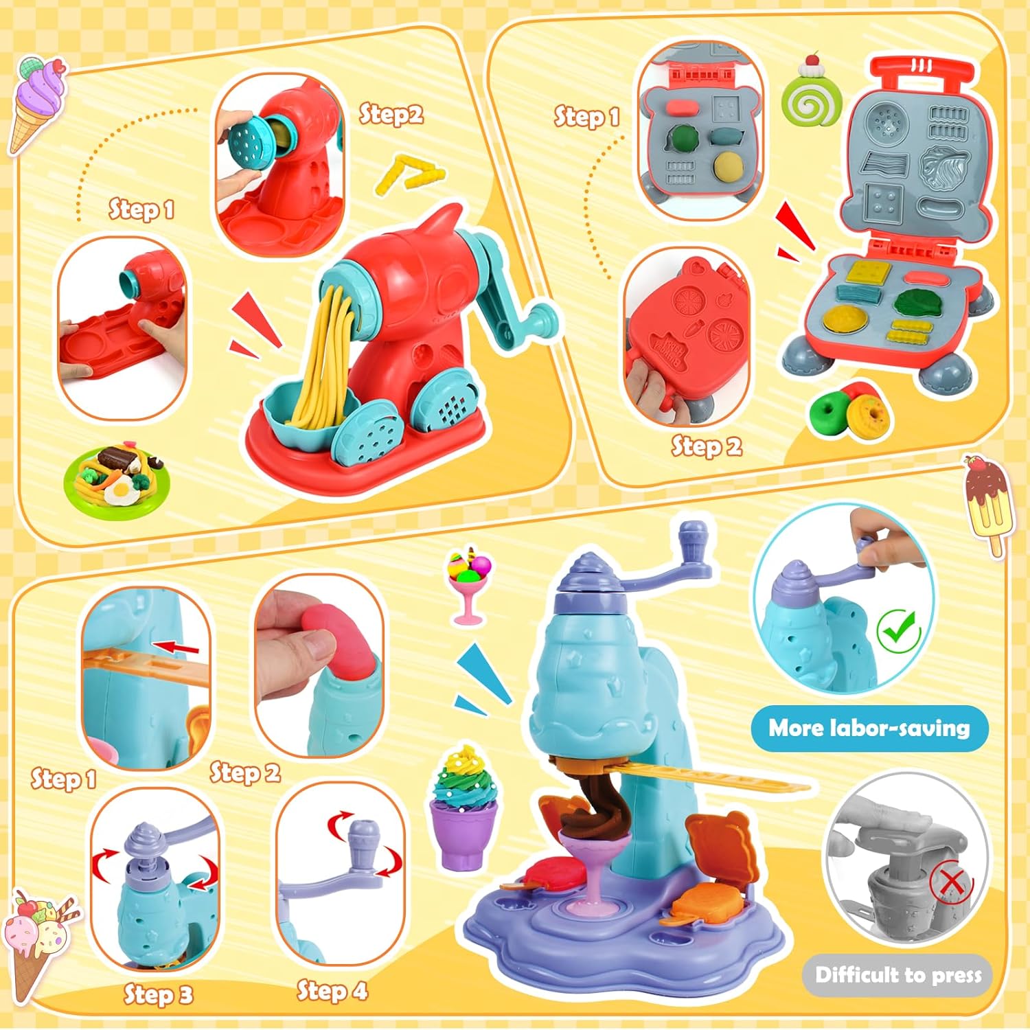 Joellfuner 70 Pièces Pate A Modeler pour Enfants, Outils de Pâte À Modeler avec 18 Pots pour Créer des Hamburgers, Pâtes et Crème Glacée, Kitchen Creations Jeu de Rôle pour Garçon Fille de 3+ Ans