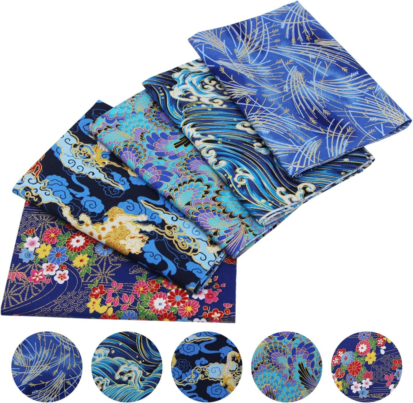 5 pièces 40 x 80 cm Tissus Coton Couture Style Japonais Bronzant Imprime Patchwork Couture Quilting Scrapbooking Loisir Créatifs DIY Fabric à la Main en Tissu à Coudre (Bleu)