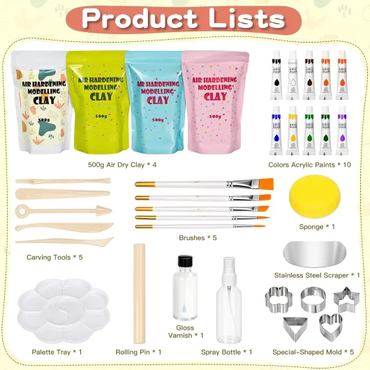 Kit Poterie 36pcs, Kit Argile Autodurcissante Prête à l'emploi, avec 2 kg d'argile, Outils, Peintures, Pinceaux, Enduit d'Étanchéité, ne brûle Pas, pour Les Projets Créatifs et Le Bricolage