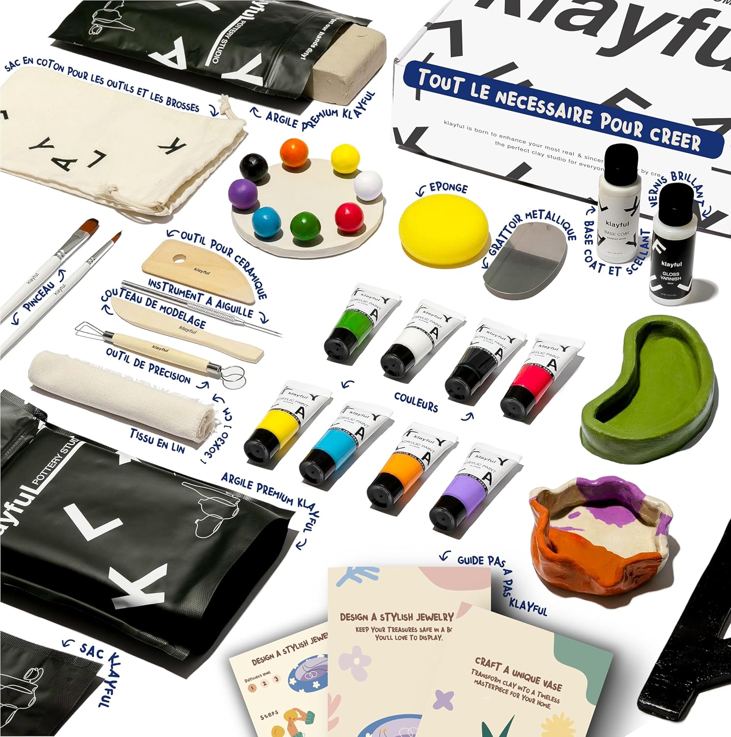 Kit Argile Autodurcissante Sans Cuisson - Peintures Classiques Haute Couvrance - Outils, Pinceaux, Vernis et Guide - Kit Poterie Adulte Débutant - Cadeau Créatif DIY