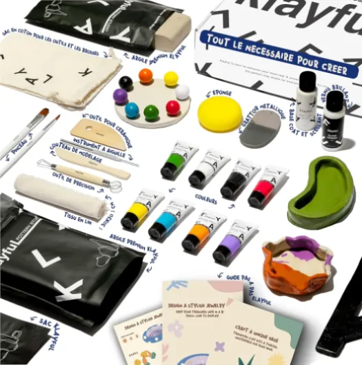 Kit Argile Autodurcissante Sans Cuisson - Peintures Classiques Haute Couvrance - Outils, Pinceaux, Vernis et Guide - Kit Poterie Adulte Débutant - Cadeau Créatif DIY