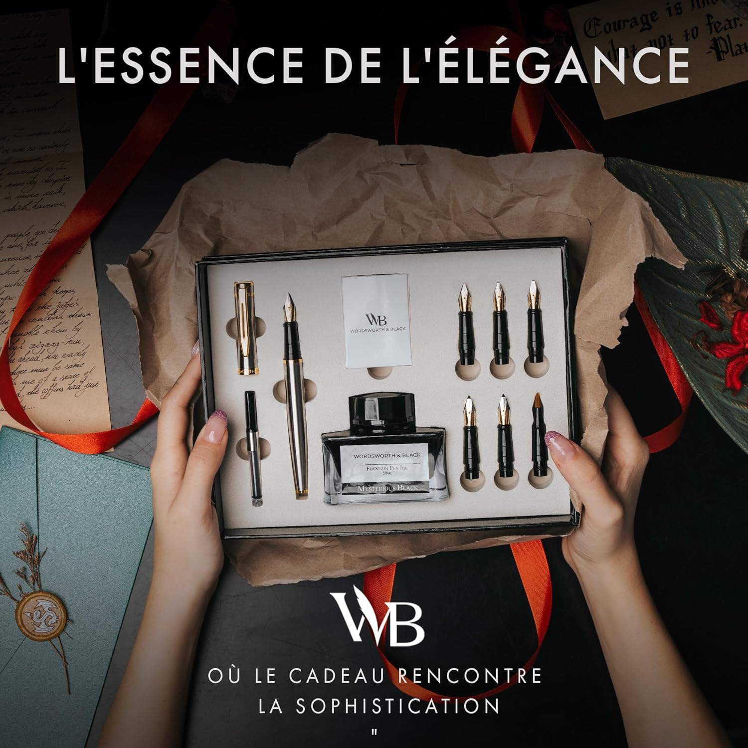Wordsworth & Black Ensemble de Cadeau Stylo Calligraphie, Bouteille encre, 6 Cartouches, Convertisseur de Recharge, 6 Pointes de Rechange, Paquet Premium [Argent Or]