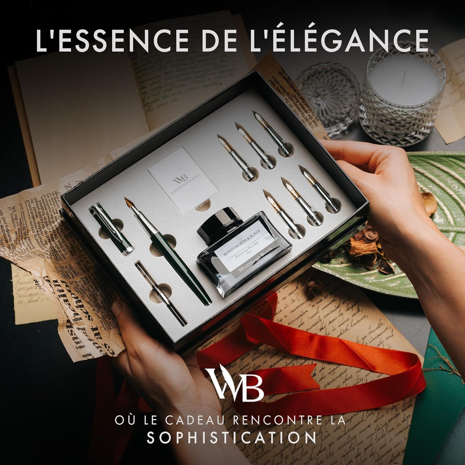 Wordsworth & Black Calligraphy Pen Set de regalo, incluye botella de tinta, 6 cartuchos de tinta, convertidor de recarga de tinta, 6 puntas de repuesto, paquete premium, diario [Chrome Vert]