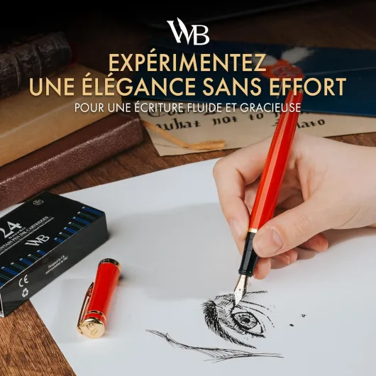 Wordsworth & Black Lot de 24 stylos plume, pointe extra fine, convertisseur de recharge d'encre et étui cadeau, finition chromée, pour calligraphie, rouge cramoisi rouge cramoisi Plume Extra Fine