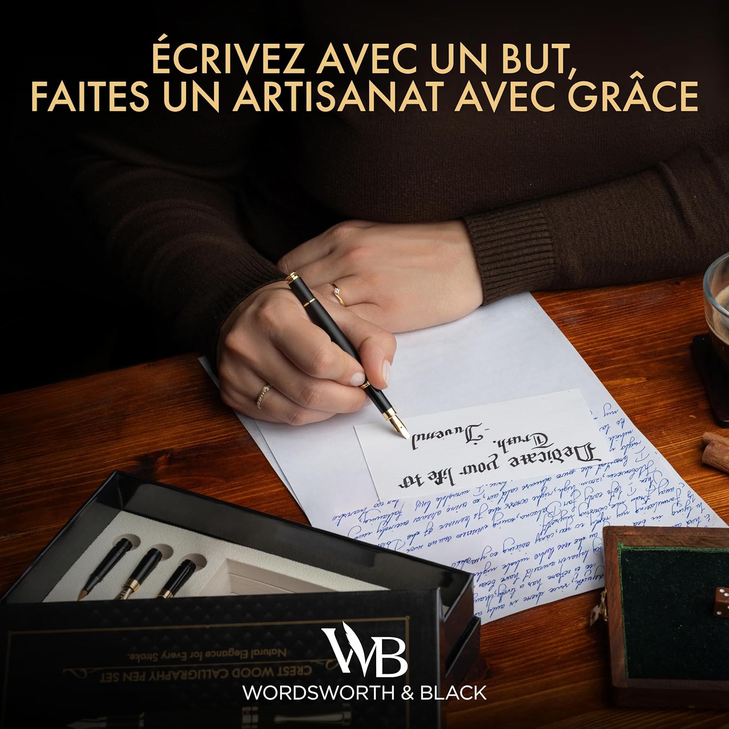 Wordsworth & Black Ensemble Stylo Calligraphie, Comprend un Flacon d'Encre, 6 Cartouches d'Encre, un Convertisseur de Recharge, 6 Plumes de Rechange, Bambou de Luxe, Journaling, [Bois Noir]