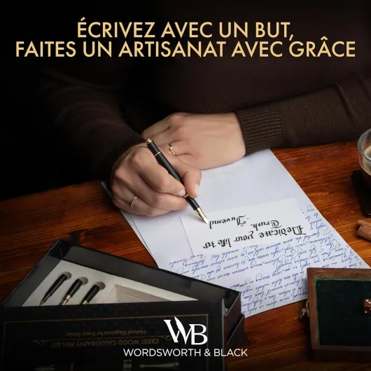 Wordsworth & Black Ensemble Stylo Calligraphie, Comprend un Flacon d'Encre, 6 Cartouches d'Encre, un Convertisseur de Recharge, 6 Plumes de Rechange, Bambou de Luxe, Journaling, [Bois Noir]