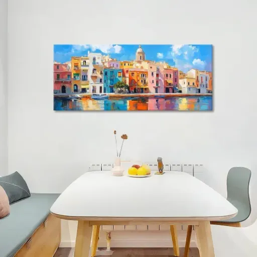 Test HALFLEMART Maisons colorées 120x50 : le grand tableau qui remplit bien un mur sans exploser le budget