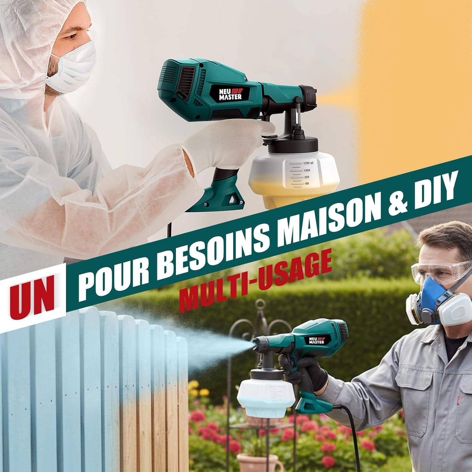 Pistolet a Peinture - NEU MASTER Pistolet à Peinture Électrique avec 4 Buses, 3 Modèles & 1200ml Réservoir pour Meubles, Murs, Portes, Clôtures, Bricolage Vert