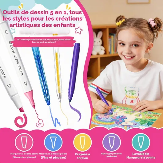Feutres Coloriage Enfants, 70 Pièces Licorne Lavable Parfumés Marqueur Set avec Paillette Trousse, Crayons, Feutre, Malette Dessin Couleur Fille 4-12 ans, Papeterie Licorne Cadeau Filles de Noël