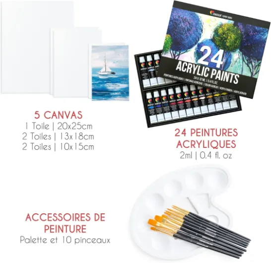 Kit de Peinture Acrylique (40 pièces) - 24x12ml Peintures- Avec 5 Toiles à Peindre, 10 Pinceaux, 1 Palette - Set Peinture Acrylique pour Artistes - Loisirs créatifs adultes