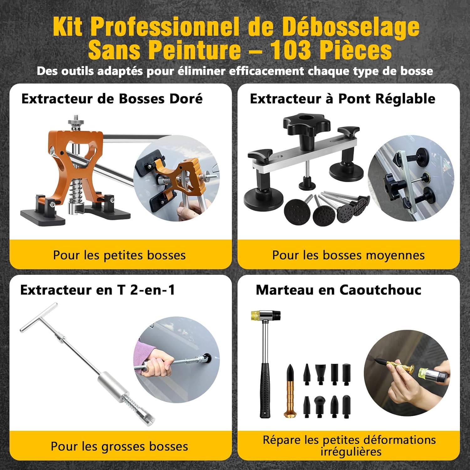 Kit de réparation de Bosses sans Peinture - Kit d'extracteur de Bosses de Voiture avec Marteau Coulissant, Barre en T, extracteur de Pont, Ventouse, extracteur de Colle et Pistolet - Outil Jaune